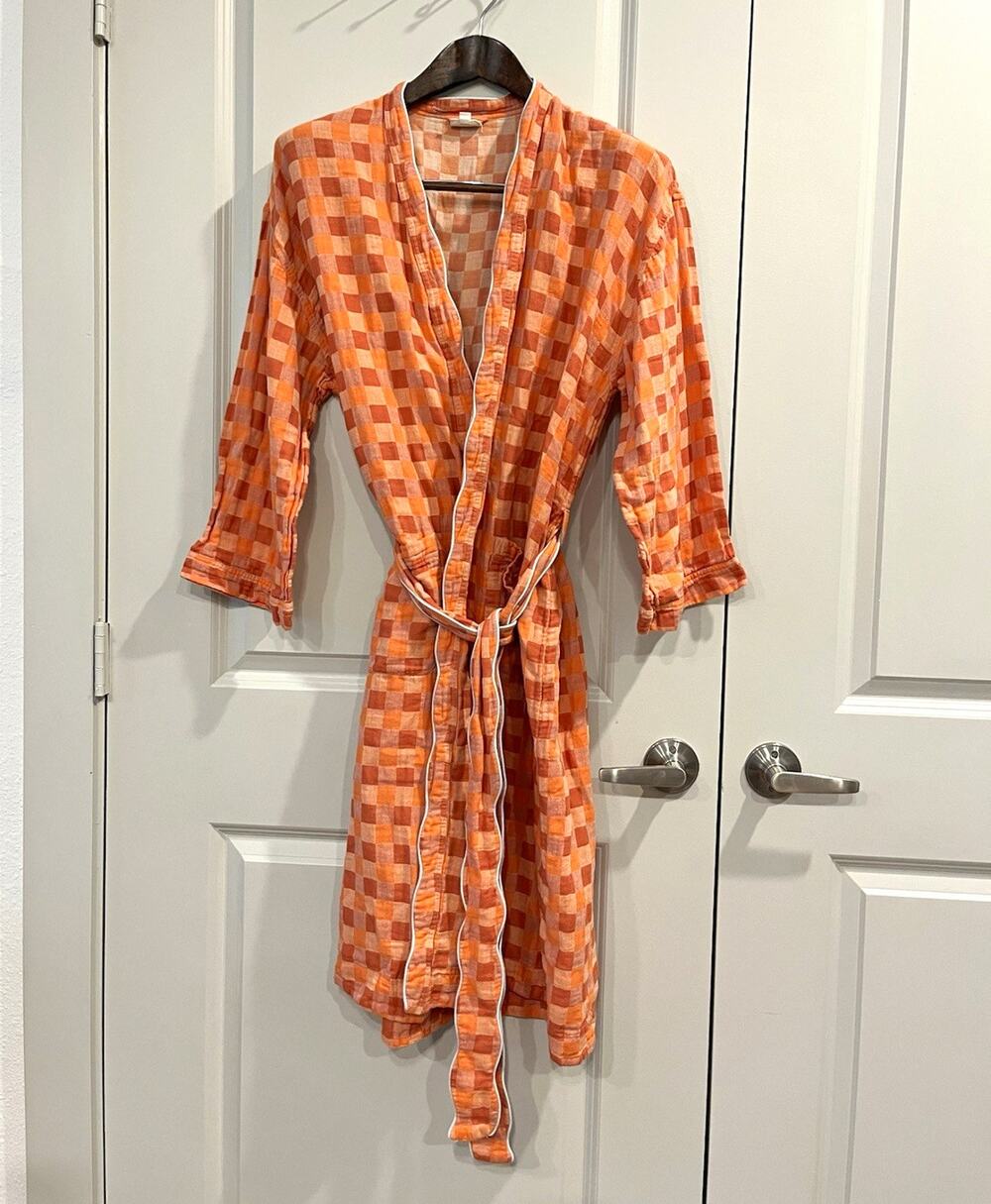 tbco. Orange/White Check Kimono Robe, Belted Tie Closure, Women’s M/L 0008